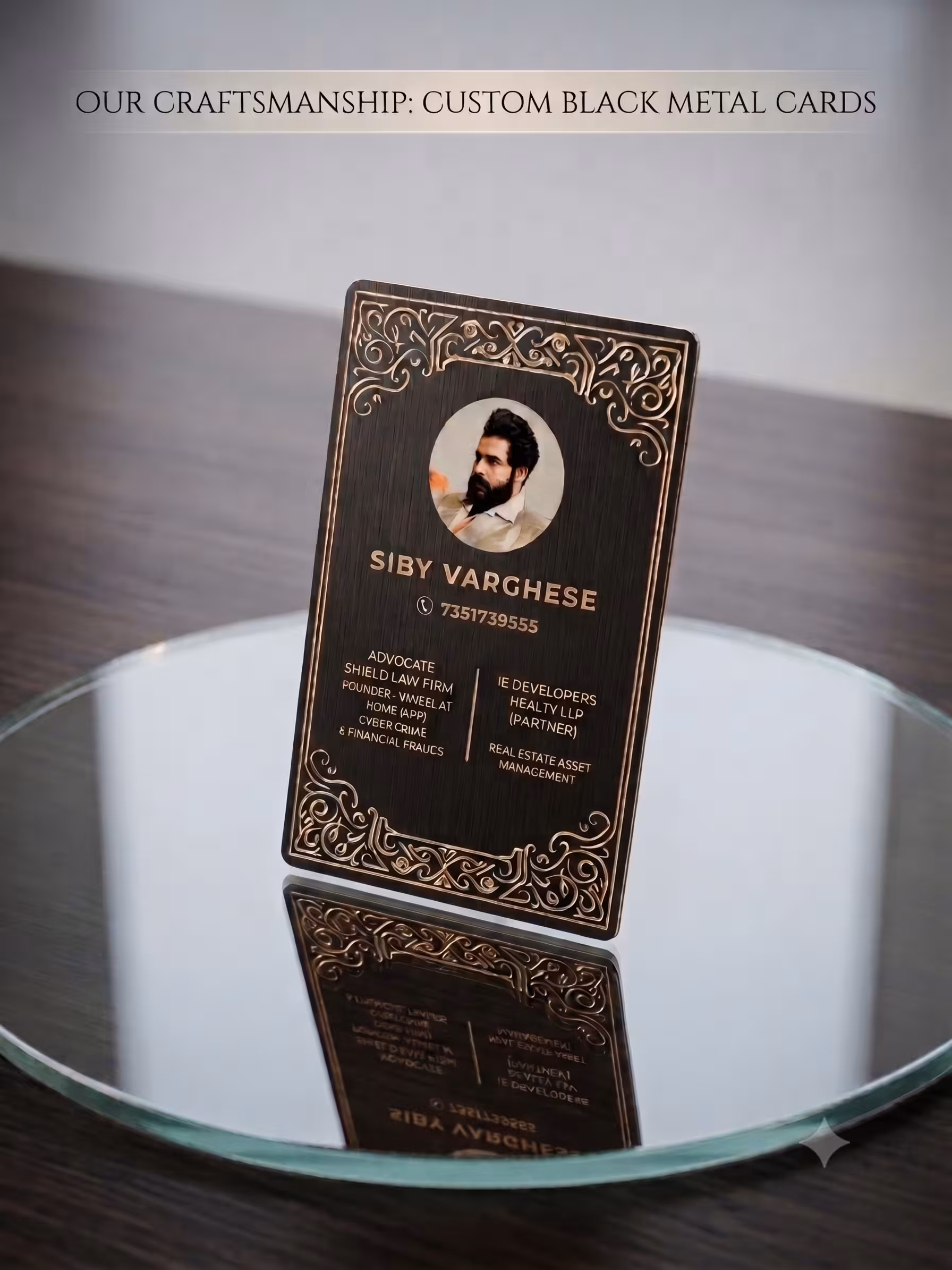 Matte black stainless steel business card with gold laser engraving